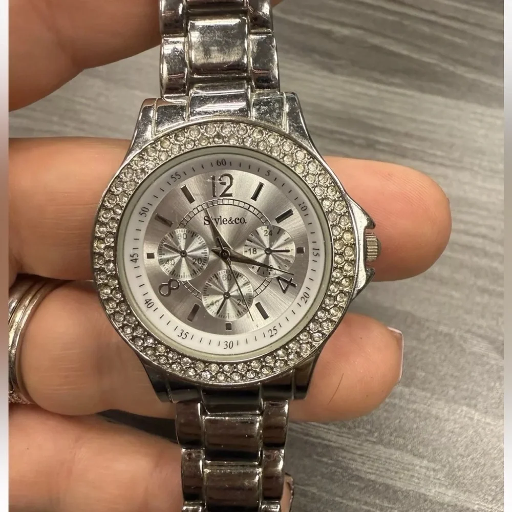 Style & Co Women’s Silver Stainless Steel Crystal Round Quartz Watch SC1169 F210